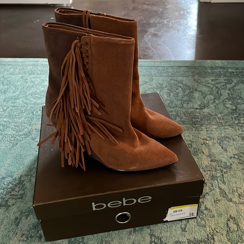 Bebe brown suede fringe boot